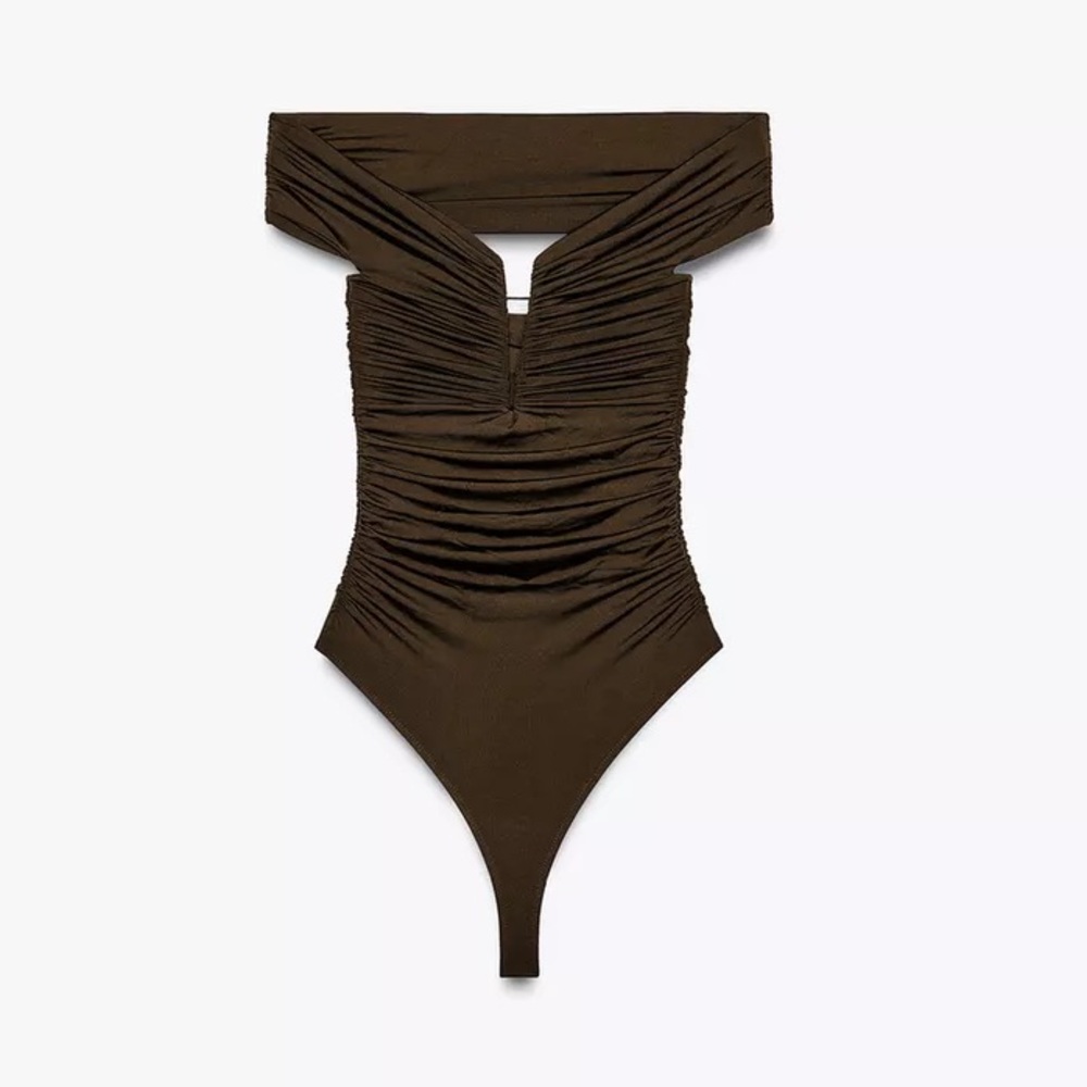 Zara Olive Green Off-Shoulder Ruched Bodysuit